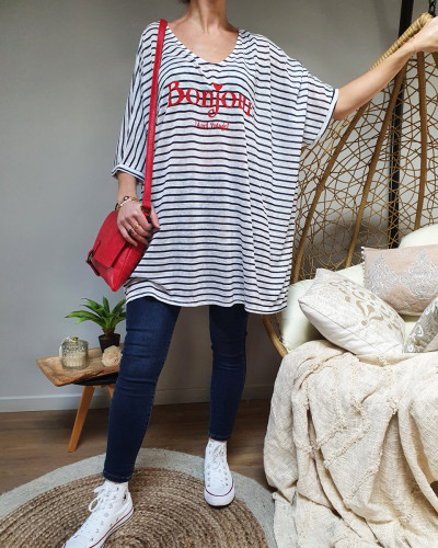 T-Shirt long oversize blanc rayures bleues Bonjour rouge