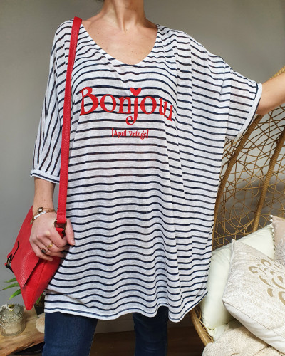 T-Shirt long oversize blanc rayures bleues Bonjour rouge