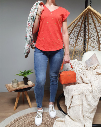 T-Shirt orange palmier doré