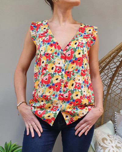 Blouse femme sans manches imprimé floral avec liseré