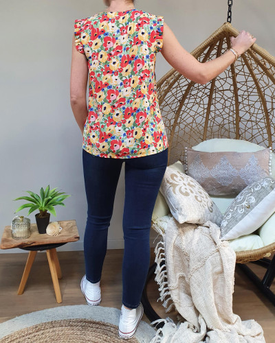 Blouse femme sans manches imprimé floral avec liseré