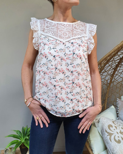 Blouse sans manches fleurie dentelle et plumetis