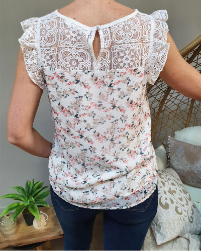 Blouse sans manches fleurie dentelle et plumetis