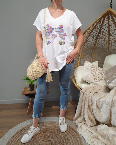 T-Shirt oversize blanc Mickey et Minnie multicolores