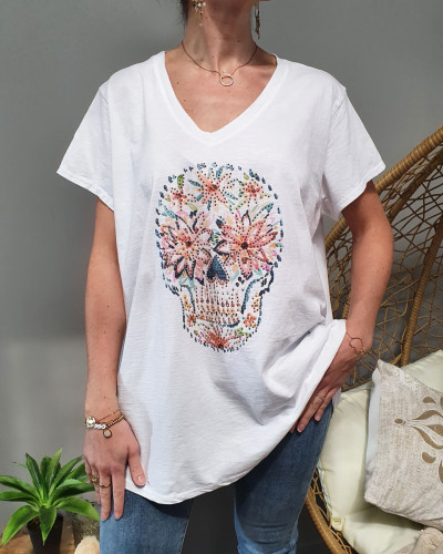 T-Shirt oversize blanc tête de mort fleurie multicolore et strass