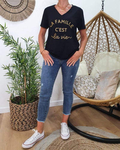 T-shirt La Famille c'est la vie col V Noir