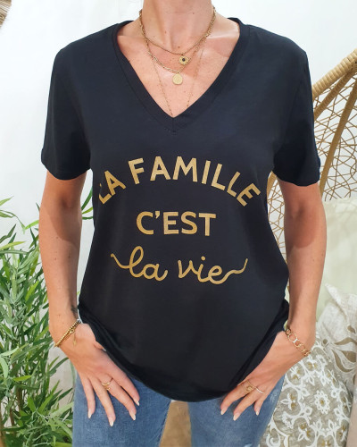 T-shirt La Famille c'est la vie col V Noir