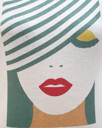T-Shirt blanc visage femme pailleté vert amande