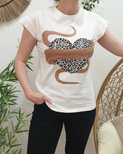 T-Shirt blanc femme coeur léopard bronze pailleté
