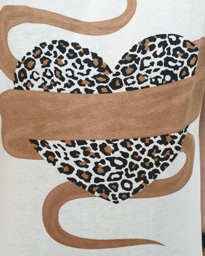 T-Shirt blanc femme coeur léopard bronze pailleté