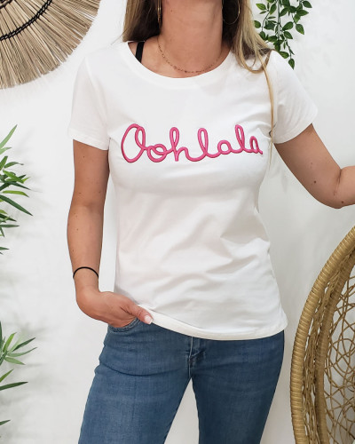 T-Shirt blanc Oohlala rose fuchsia