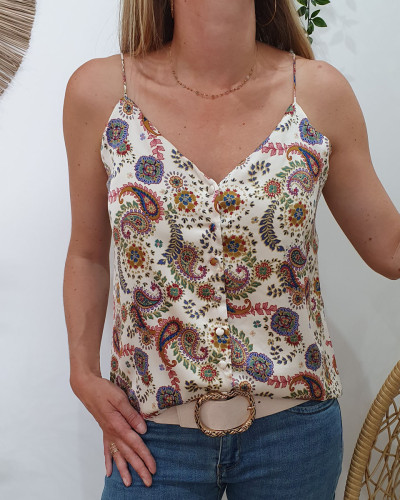 Top boutonné satiné beige cachemire multicolore