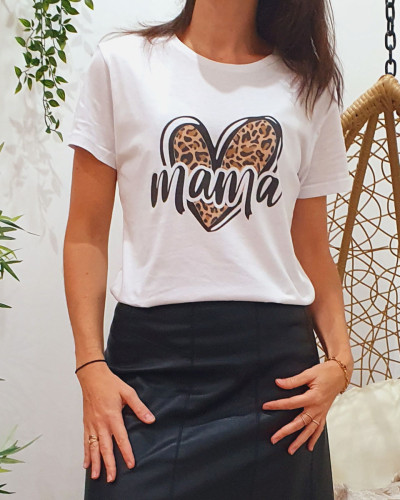 T-shirt femme blanc Mama cœur léopard