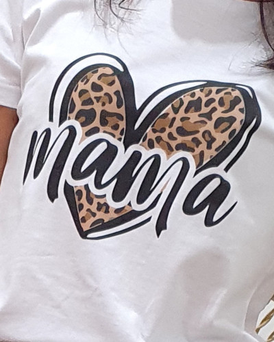 T-shirt femme blanc Mama cœur léopard