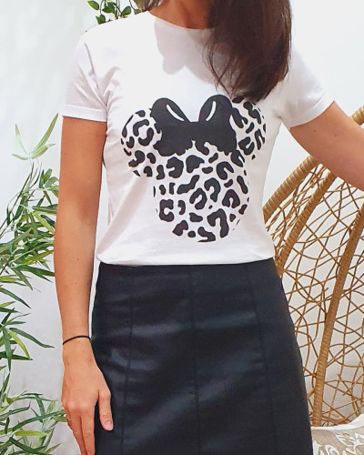 T-shirt femme blanc Minnie imprimé jaguar