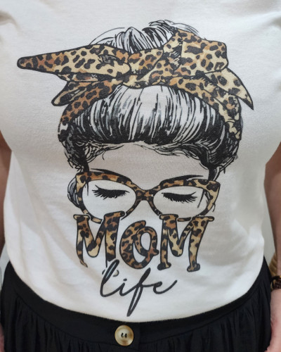 T-shirt blanc imprimé léopard Mom life