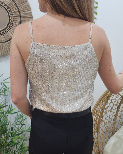 Top beige sequins argentés