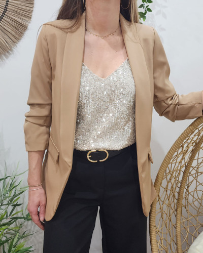 Top beige sequins argentés