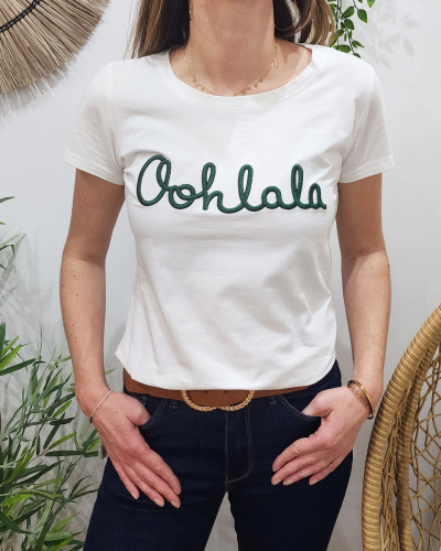 T-Shirt femme blanc Oohlala vert sapin