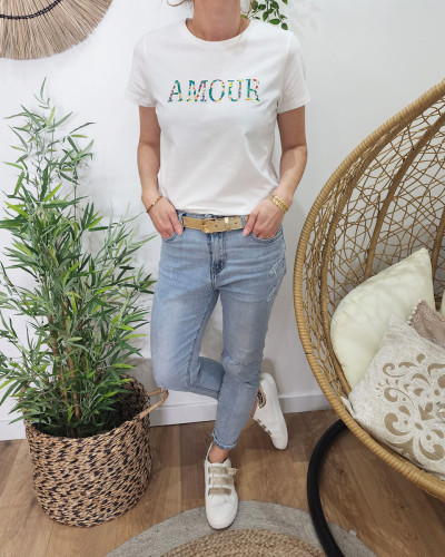 T-shirt femme blanc AMOUR fleuri multicolore