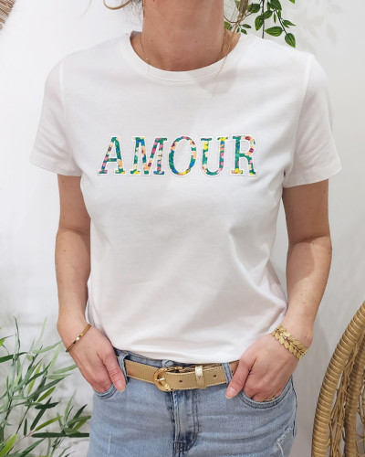 T-shirt femme blanc AMOUR fleuri multicolore
