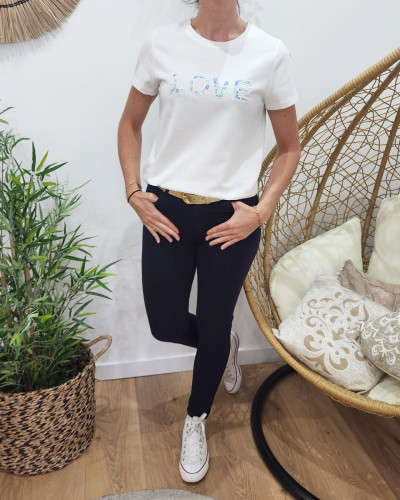 T-shirt femme blanc LOVE fleuri vert et bleu