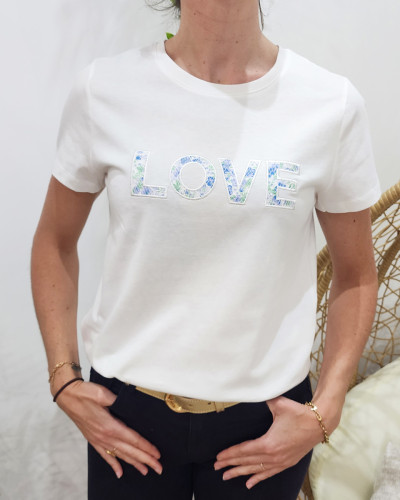 T-shirt femme blanc LOVE fleuri vert et bleu