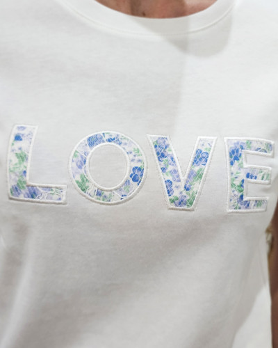 T-shirt femme blanc LOVE fleuri vert et bleu