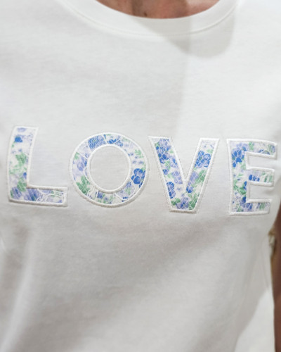 T-shirt femme blanc LOVE fleuri vert et bleu