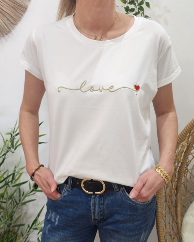 T-shirt femme blanc love doré coeur rouge