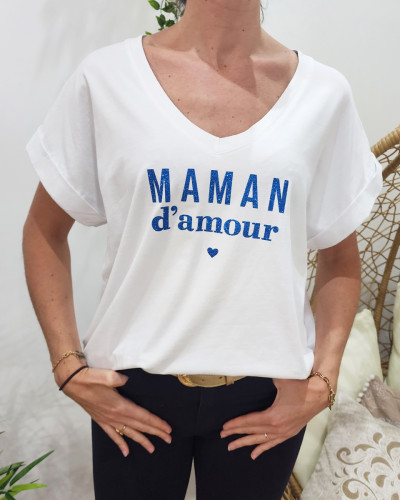 T-shirt femme blanc Maman d'amour pailleté