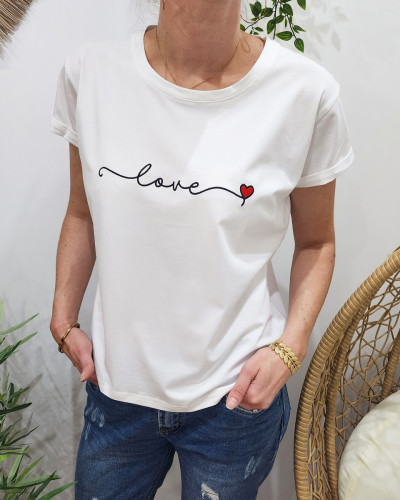 T-shirt femme blanc love noir coeur rouge