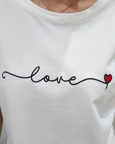 T-shirt femme blanc love noir coeur rouge