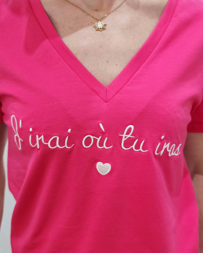 T-Shirt femme rose J'irai où tu iras blanc