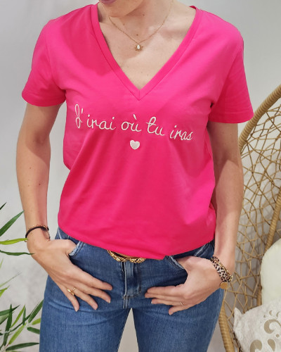 T-Shirt femme rose J'irai où tu iras blanc