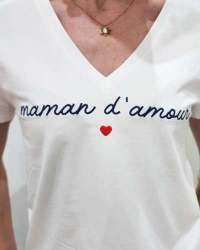T-Shirt femme blanc Maman d'amour marine