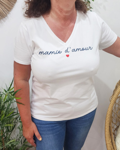 T-Shirt femme blanc Mamie d'amour marine