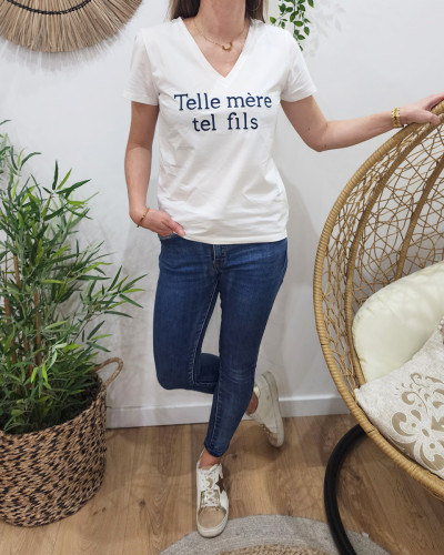 T-Shirt femme blanc Telle mère tel fils marine