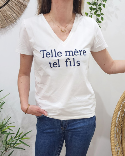 T-Shirt femme blanc Telle mère tel fils marine