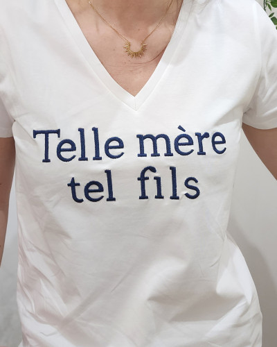 T-Shirt femme blanc Telle mère tel fils marine