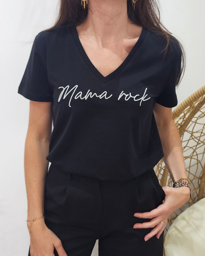 T-Shirt femme noir Mama rock blanc