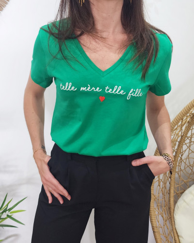 T-Shirt femme vert Telle mère telle fille blanc