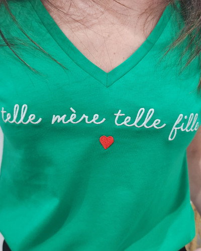 T-Shirt femme vert Telle mère telle fille blanc