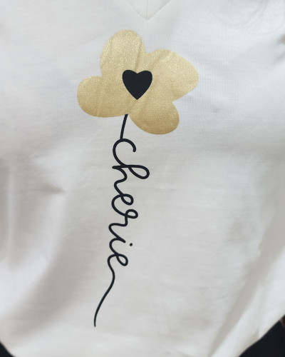 T-Shirt femme blanc fleur chérie noire et dorée