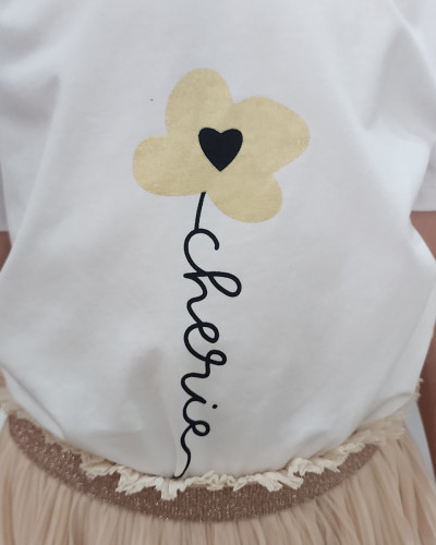 T-Shirt enfant blanc fleur chérie noire et dorée