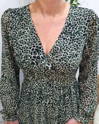Robe femme beige tachetée noire et kaki Miguela
