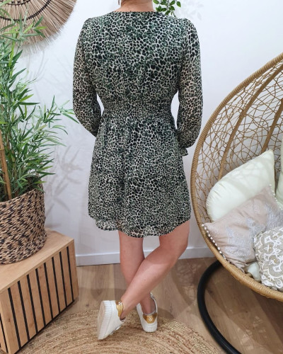 Robe femme beige tachetée noire et kaki Miguela