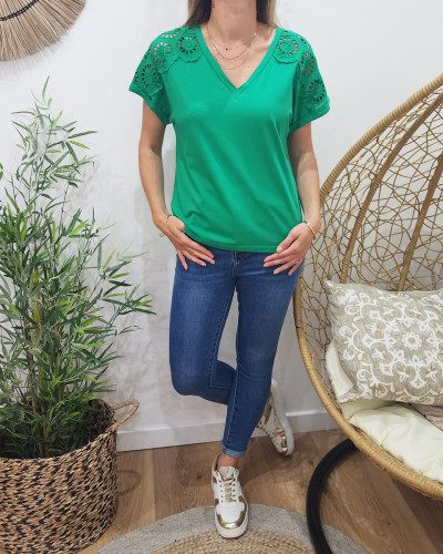 T-Shirt femme vert manche fleur Daphnée