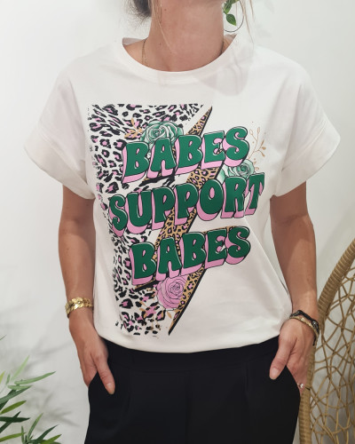 T-Shirt femme blanc Babes support babes vert rose