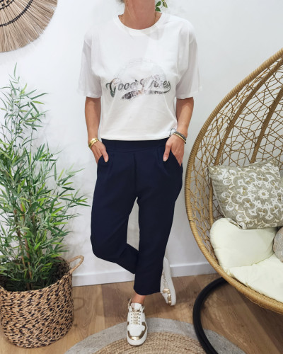 T-Shirt femme blanc Good vibes argent